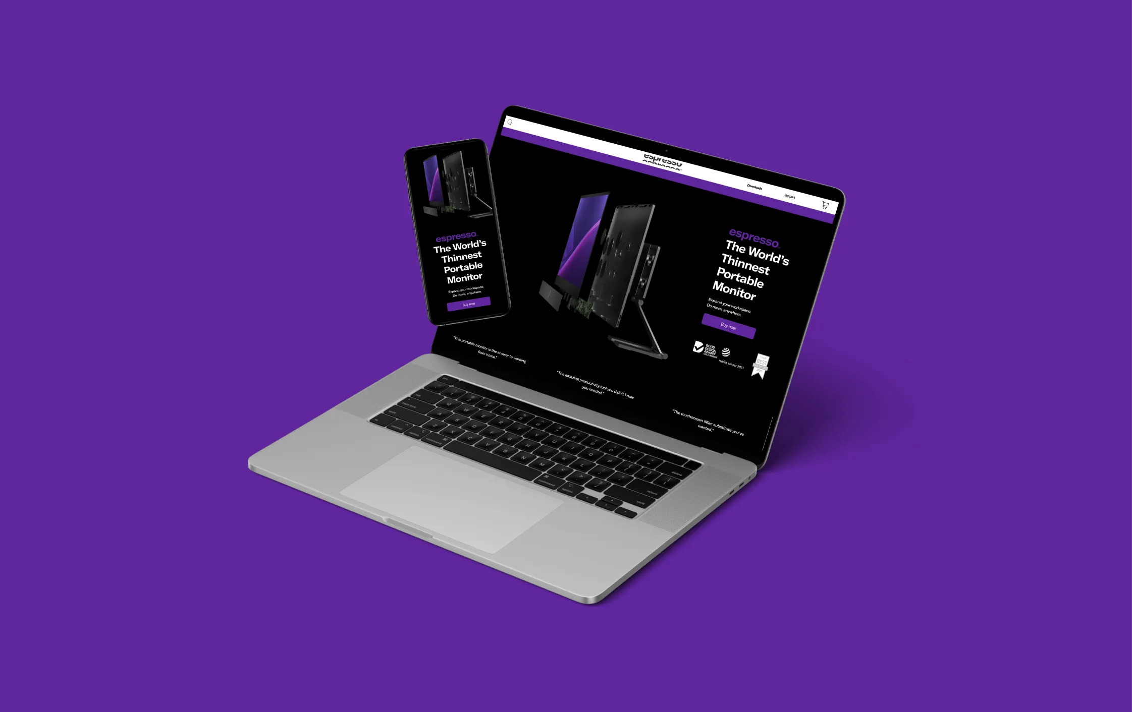 Laptop and phone showing the espresso Displays landing page, a dark hero with the portable monitor and the line "The World's Thinnest Portable Monitor", on a purple ground.