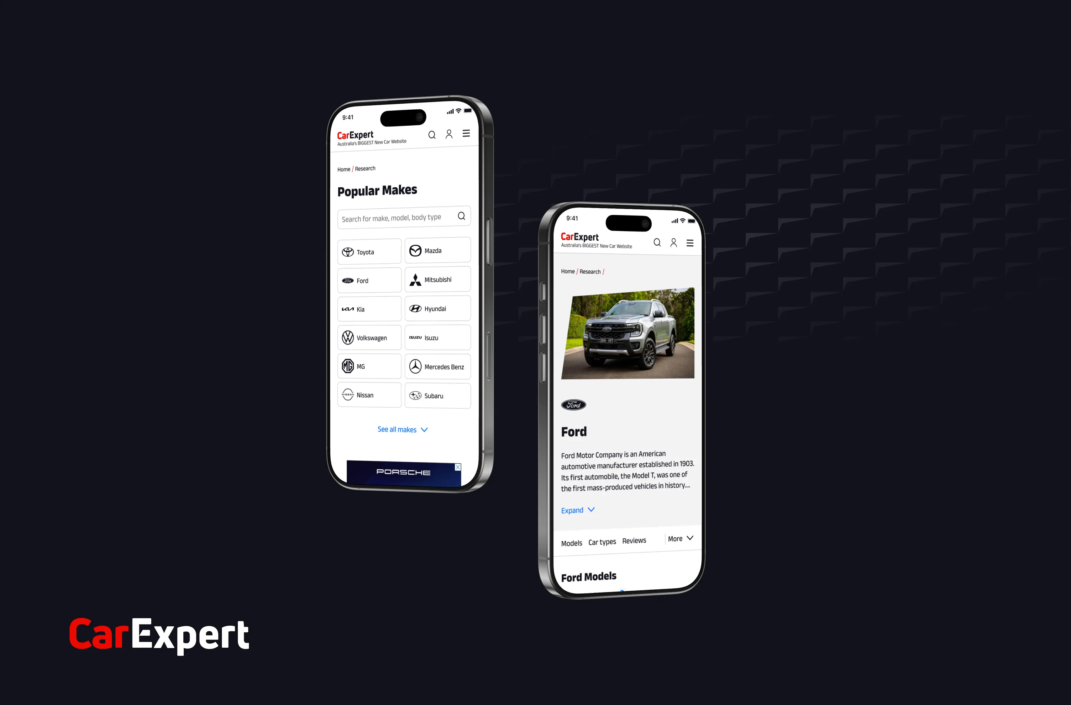 Two phones showing CarExpert's showroom on mobile, the Popular Makes list and the Ford make page, against a dark ground.