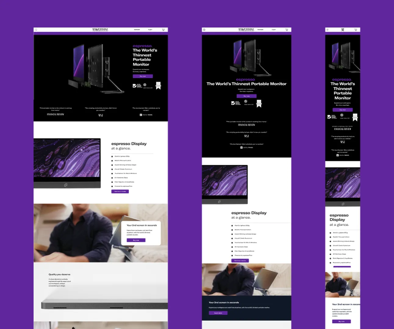 The espresso Displays homepage at three widths side by side, desktop, tablet and phone, with the hero, the specification list and the photo sections reflowing into each layout.