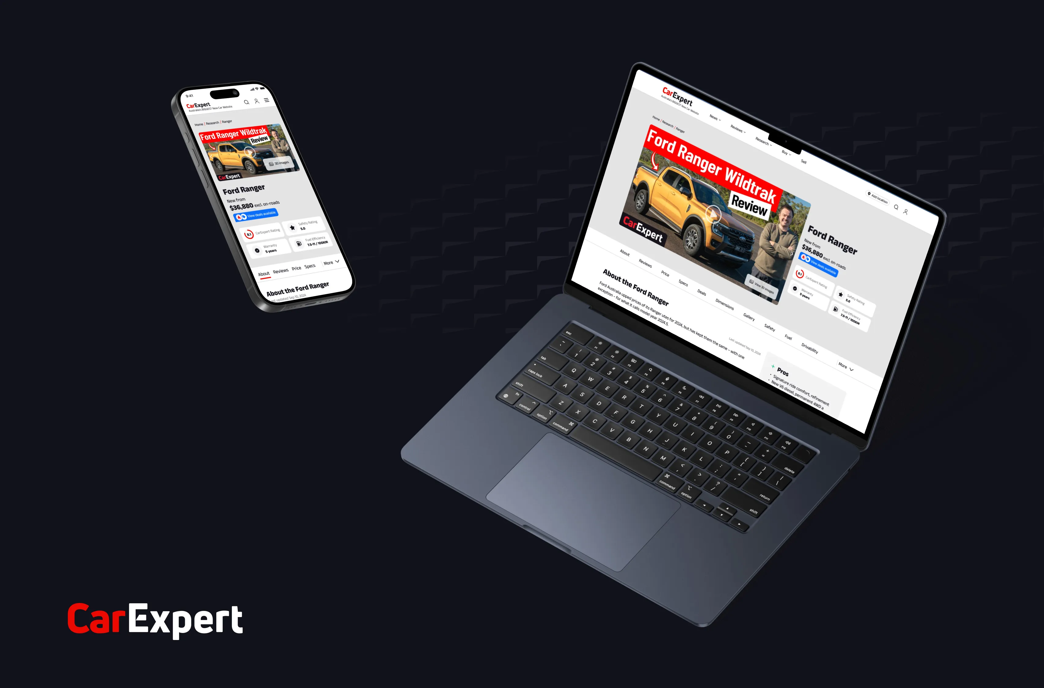 Two phones showing the mobile showroom, the Popular Makes search and the Ford make page.