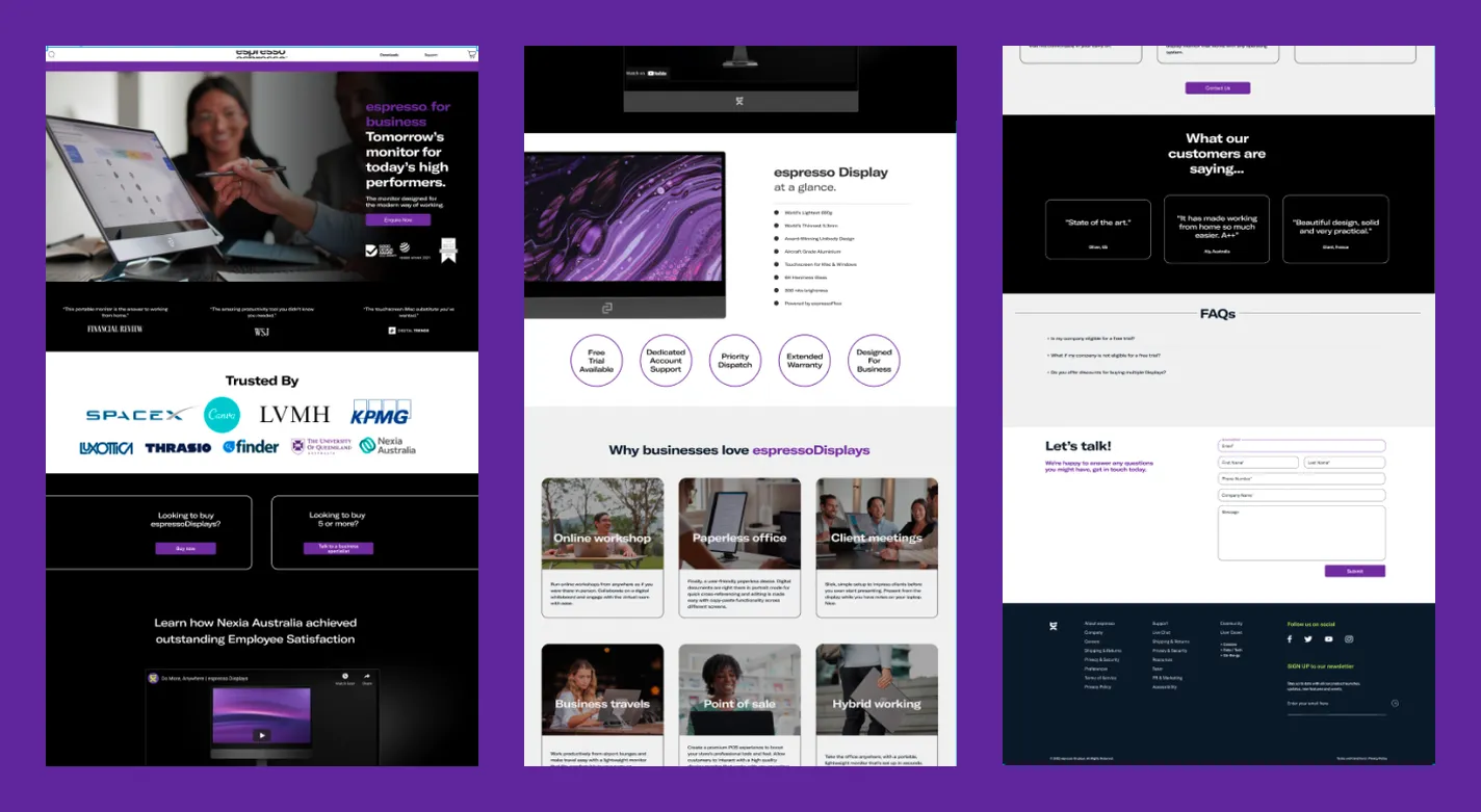 The espresso for business page cut into three columns, running from the hero and press quotes through the client logo wall, the benefit cards and testimonials, to the FAQs, contact form and footer.
