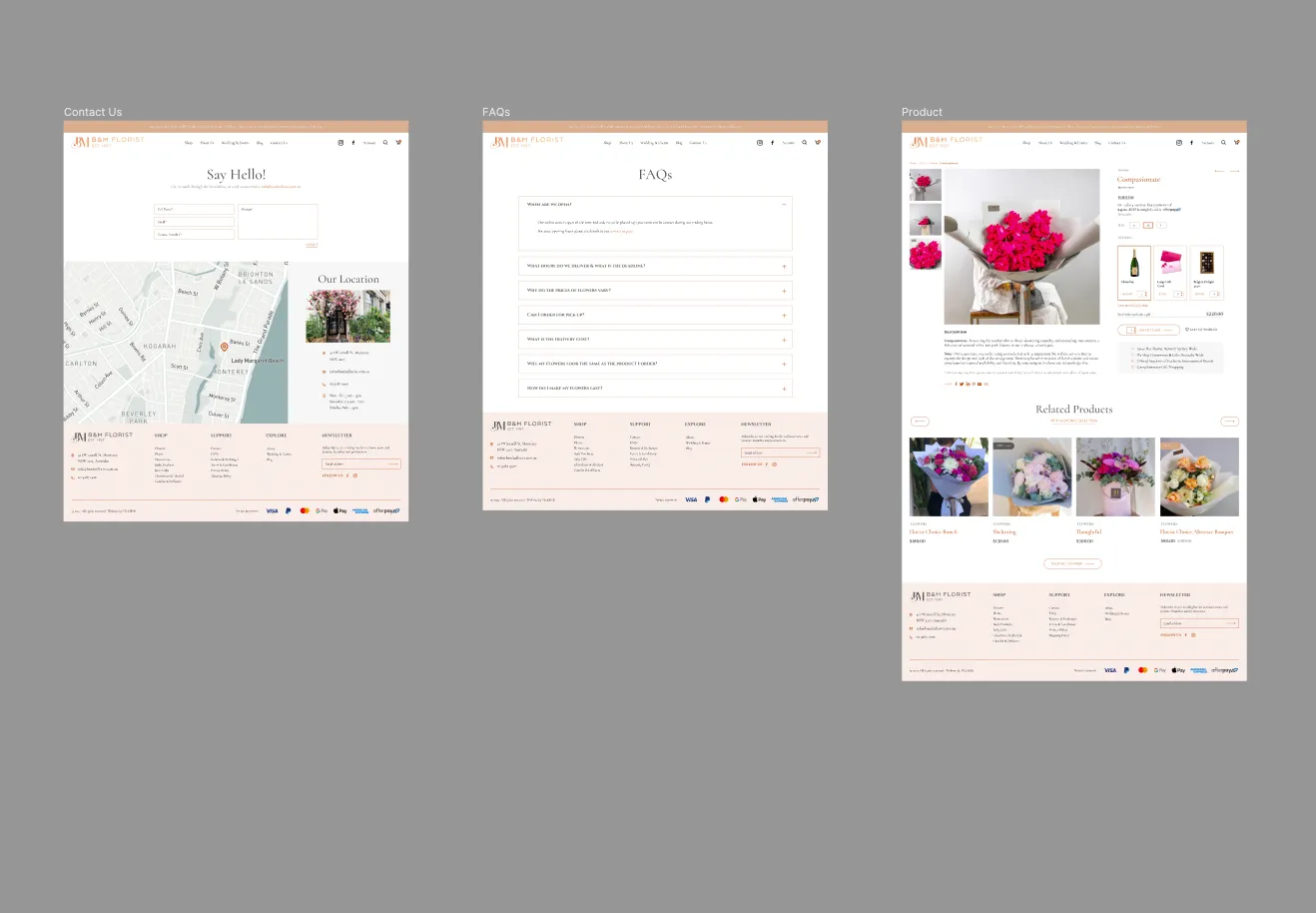 Three desktop pages: Contact with a form and a map of the shop's location, an FAQs accordion, and a product page for a bouquet with add-ons, delivery details and related products.