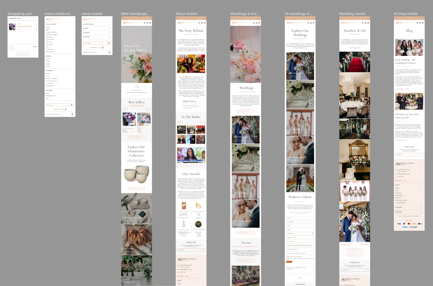 A row of mobile screens: the shopping cart, the expanded mobile menu, the home page, about, weddings and events, all weddings, a single wedding, and the blog.