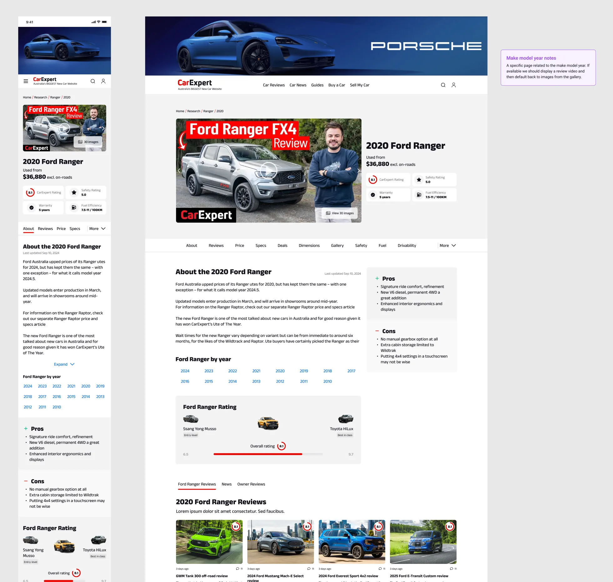 High-fidelity model-year page for the 2020 Ford Ranger on mobile and desktop, with price, rating tiles, pros and cons, a year selector and related reviews.