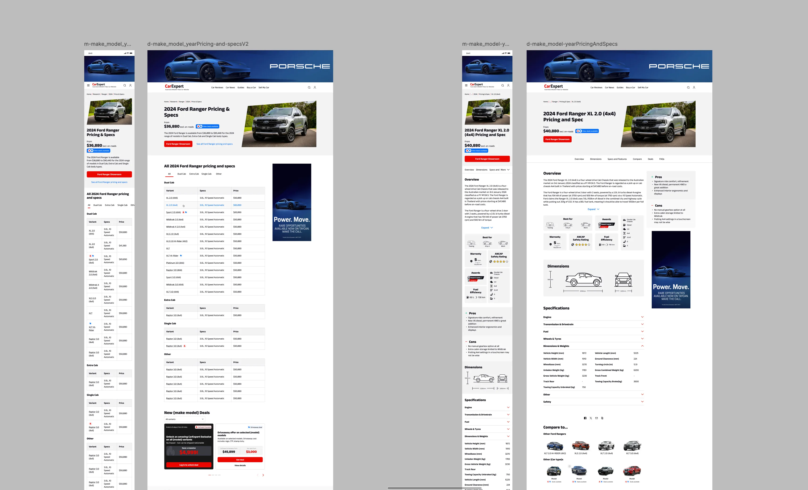 High-fidelity pricing and specs pages on mobile and desktop, with variant tables grouped by body type, dimensions diagrams and expandable specification sections.